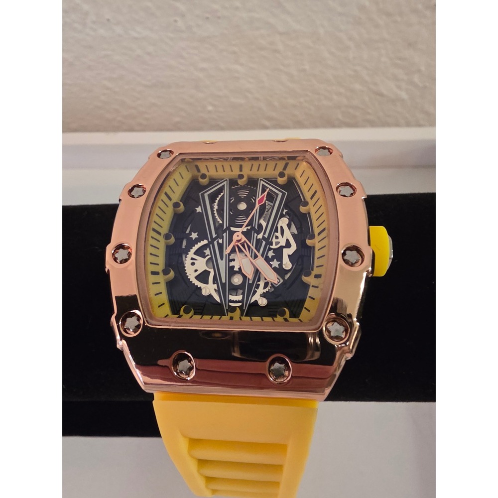 Rose Gold Tone Skeleton Dial Watch Yellow Silicone Strap Tonneau Case Sport